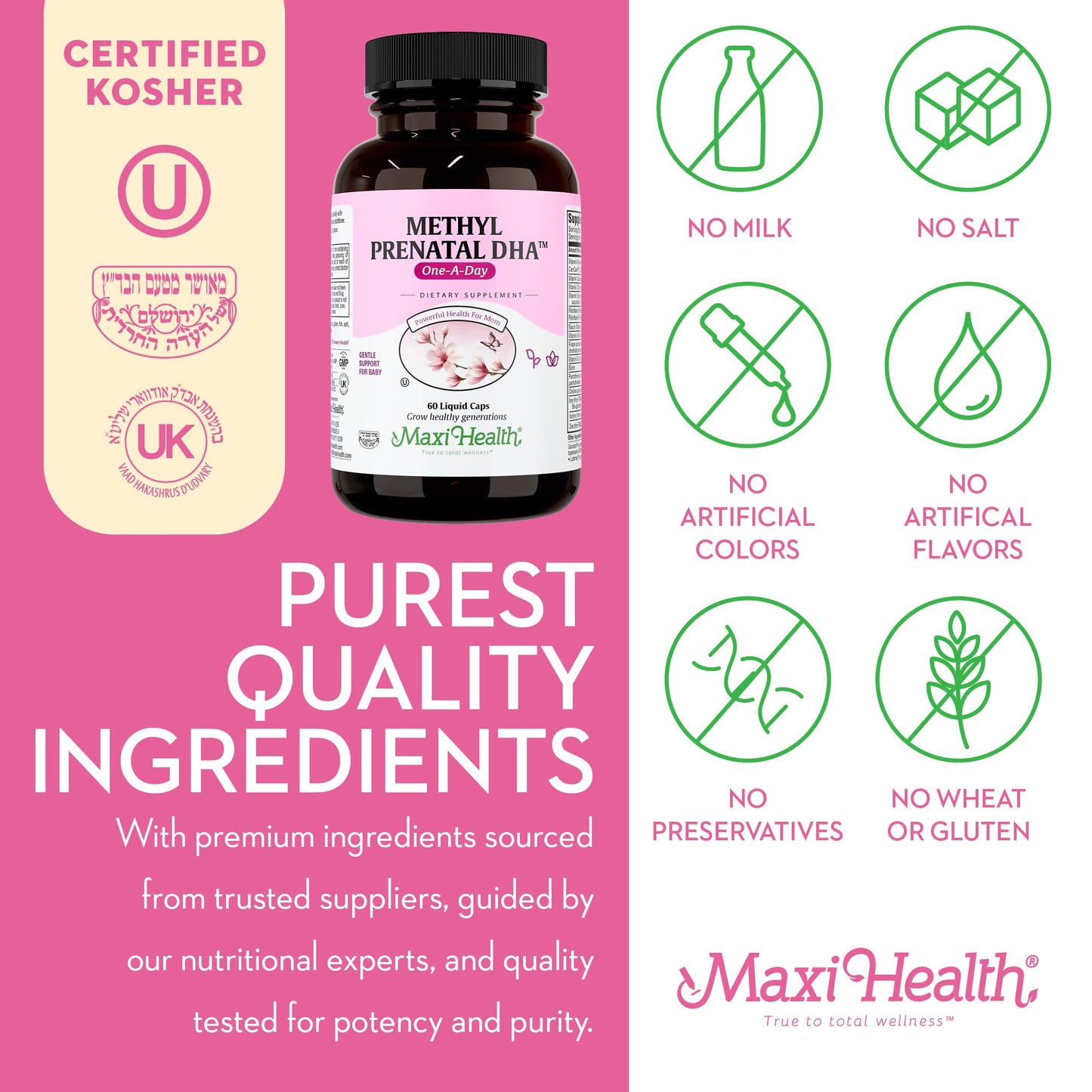 Detalle instrucciones Maxi Health methyl prenatal DHA cápsulas