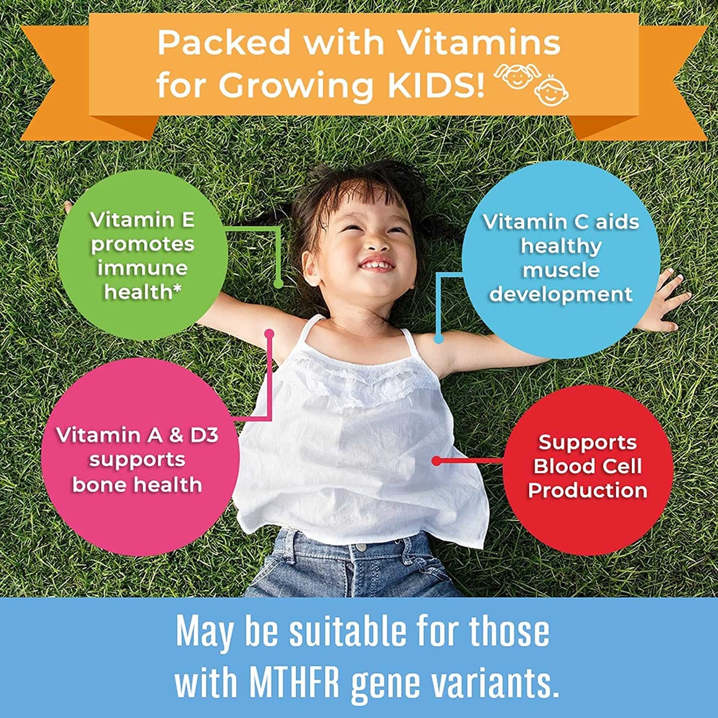 Detalle botella MaryRuth Organics multivitaminas infantiles sabores fresas y papaya