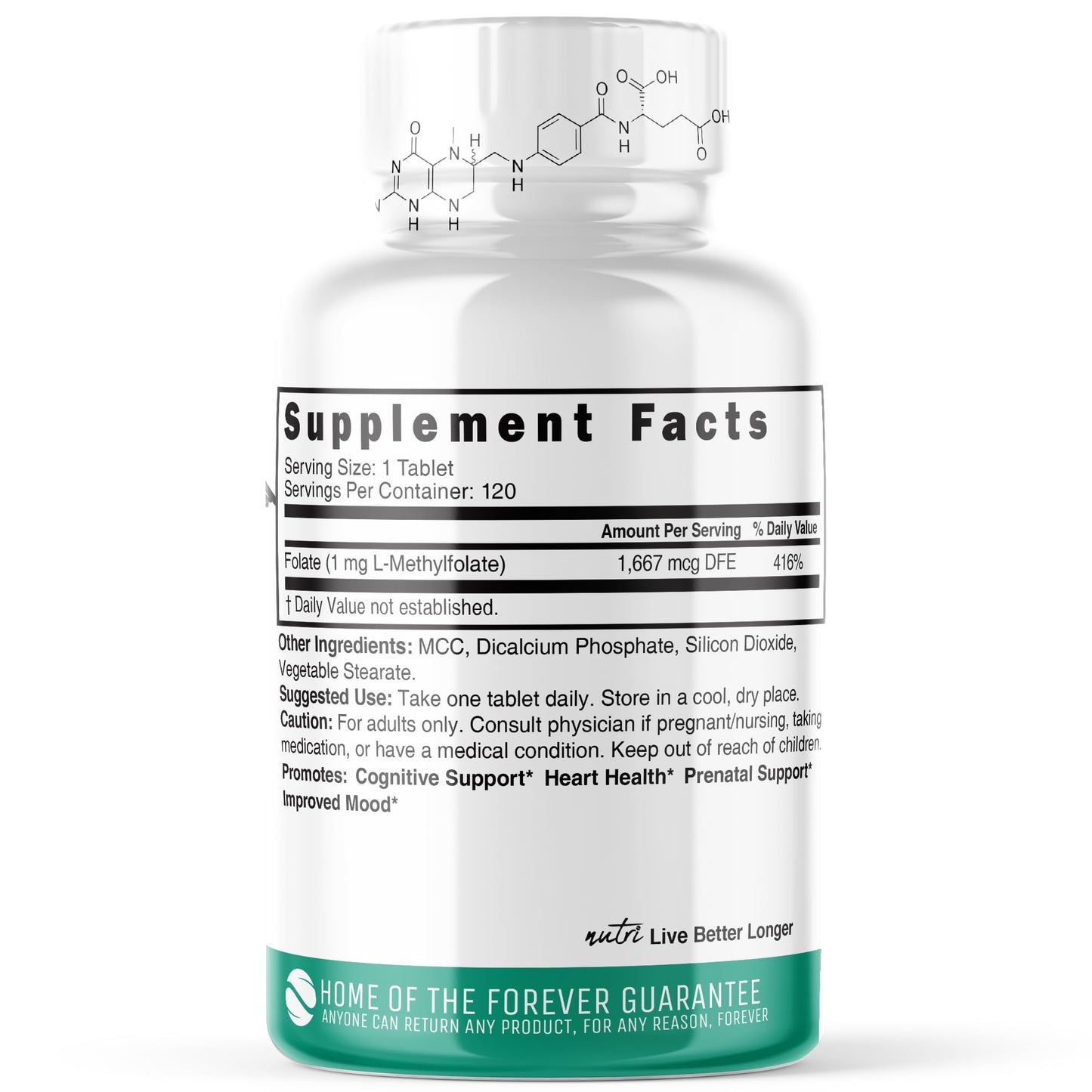 Tomas detalle suplemento 5-MTHF Nature's Fusions tabletas veganas