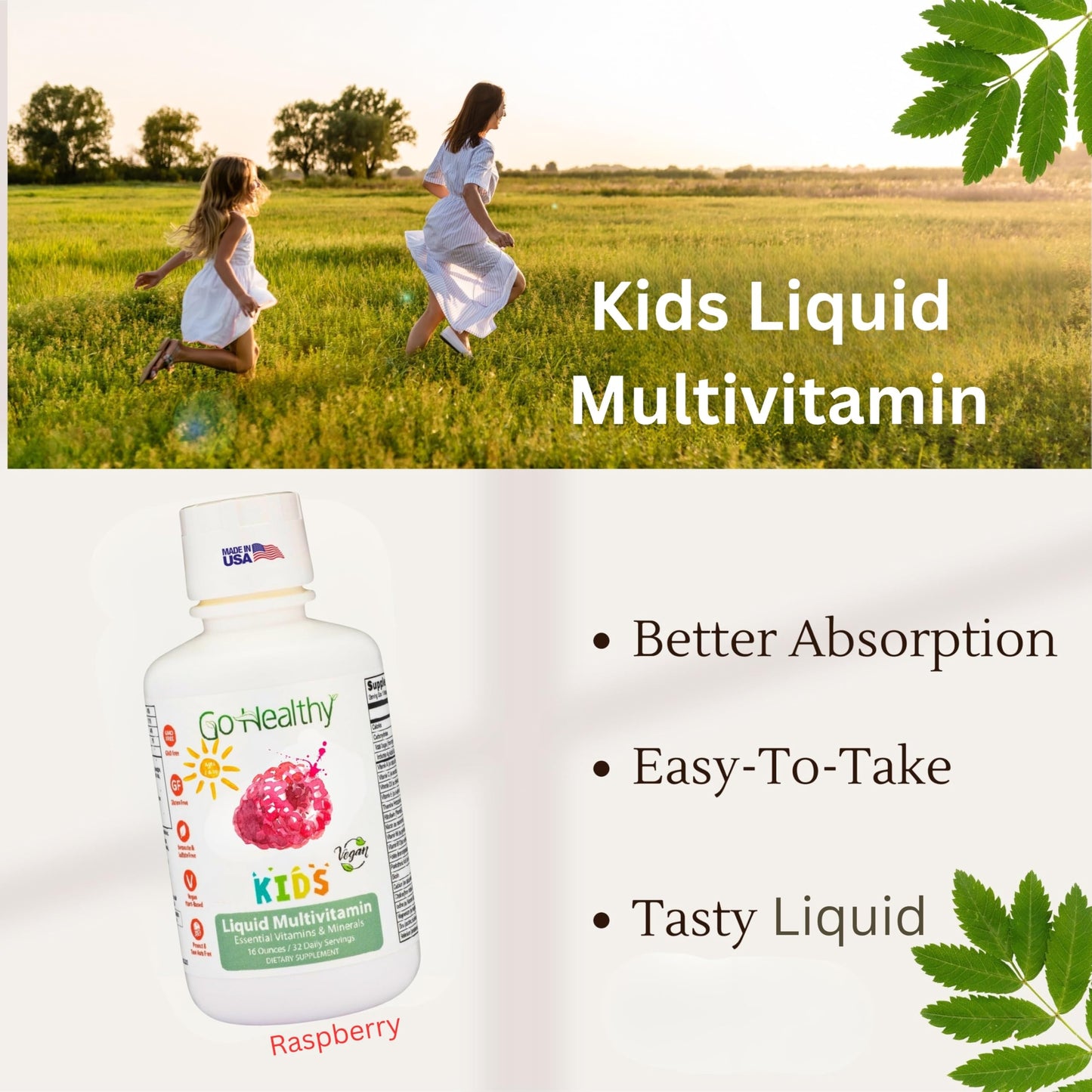 Detalle de suplemento líquido para niños marca Go Healthy