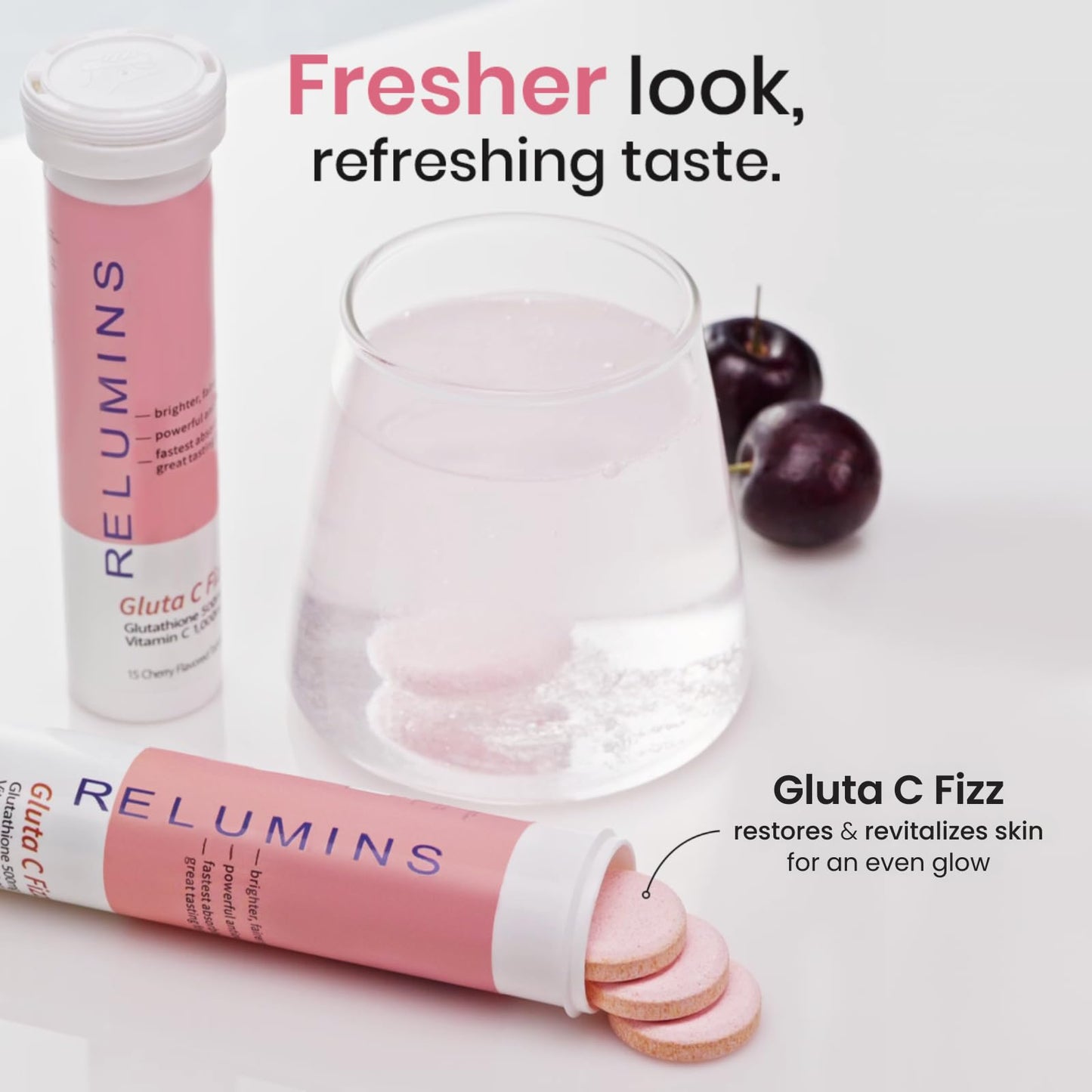 Detalle tabletas efervescentes Relumins Gluta C Fizz sabor cereza