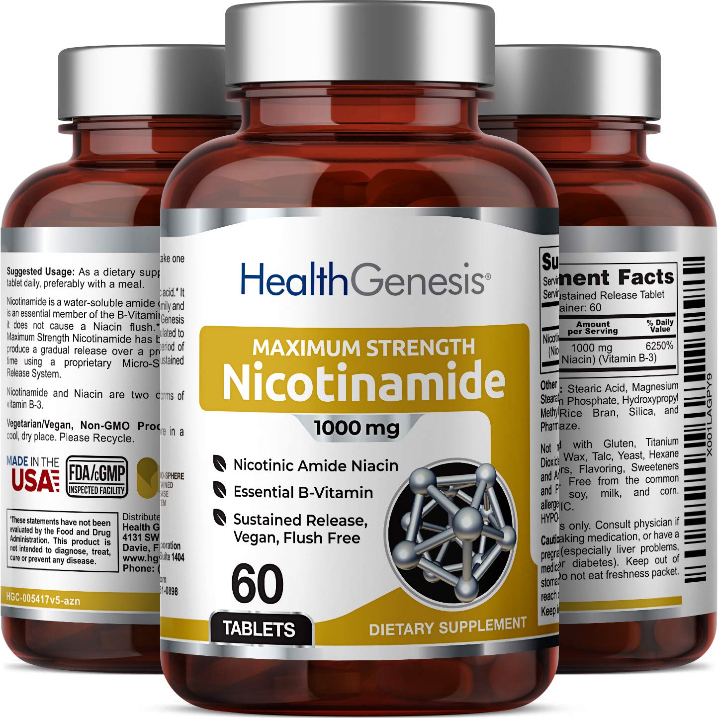 Detalle cercado de tabletas Nicotinamida Health Genesis