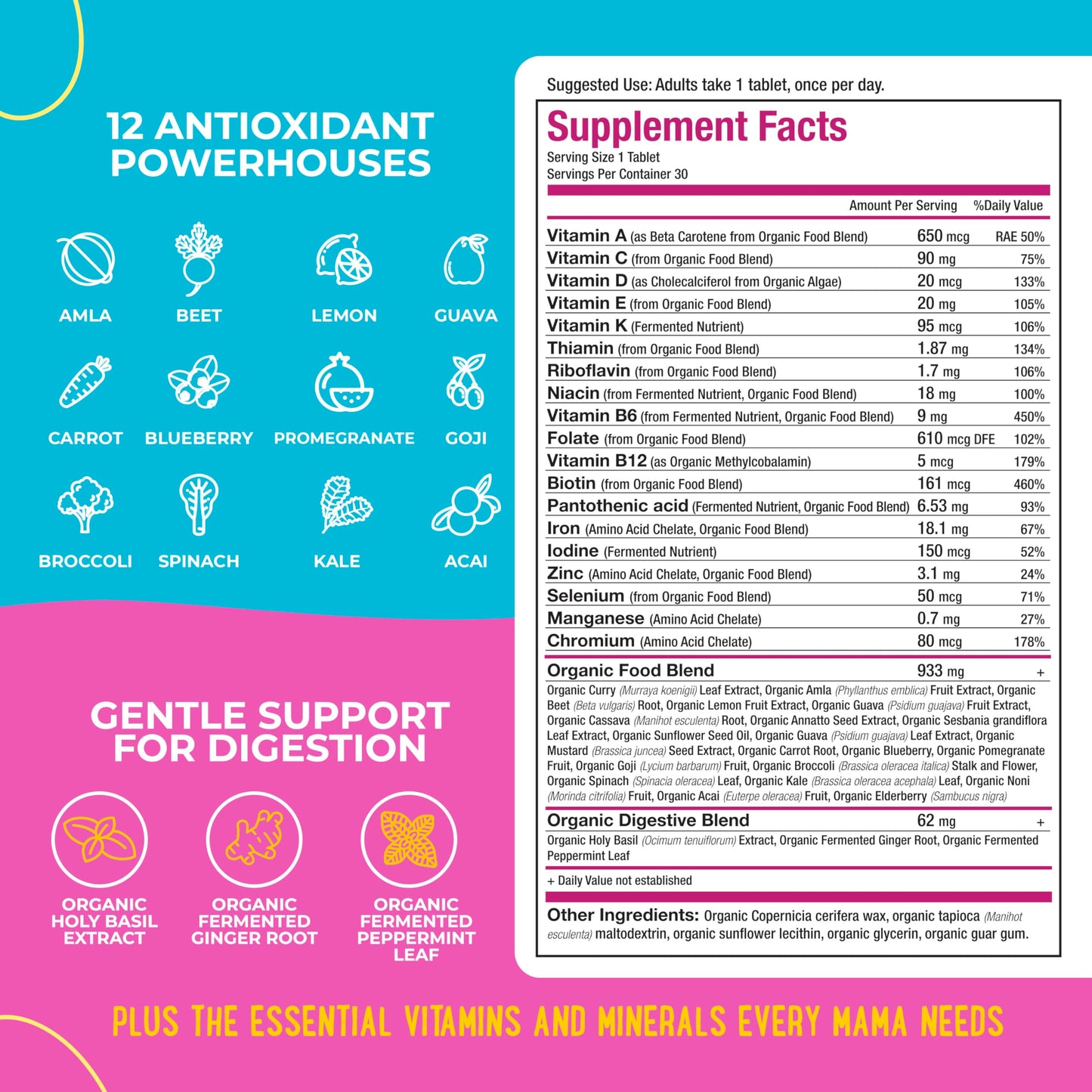 Detalle tabletas vitaminas prenatales Mama Natural orgánicas veganas