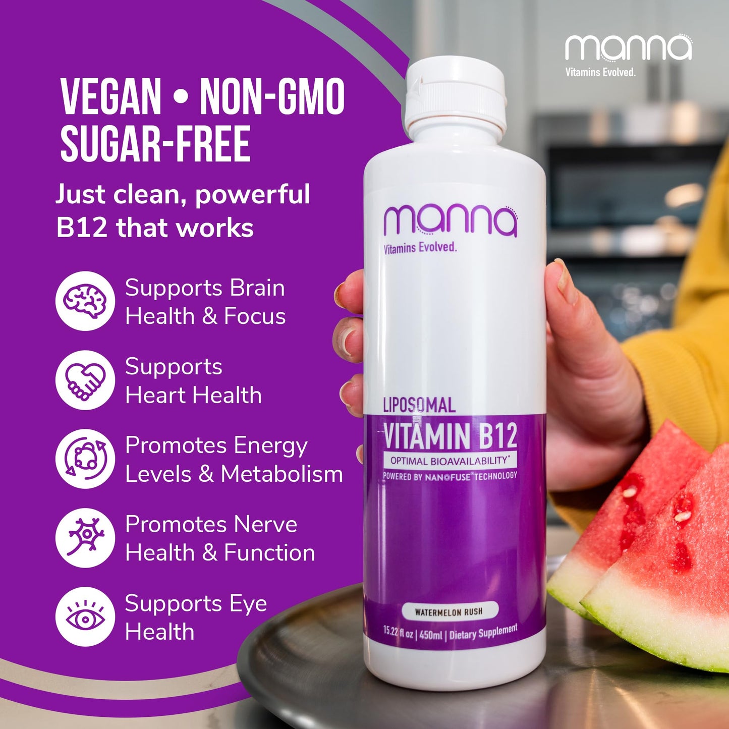Detalle tapa Vitamina B12 Liposomal Manna Vitamins Evolved