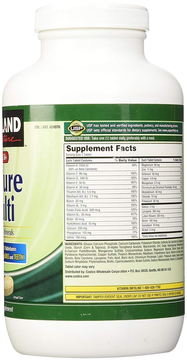 Lista detallada de ingredientes y valores diarios de Kirkland 50+.