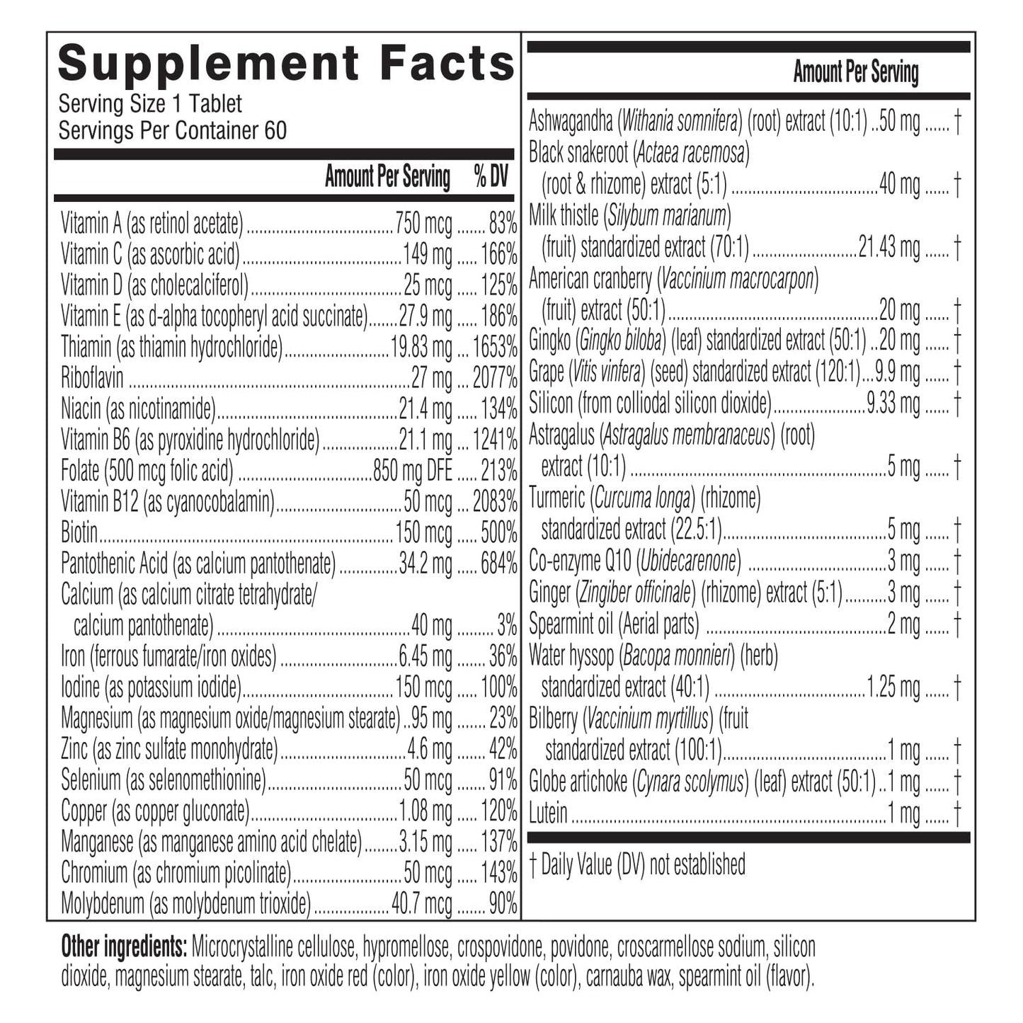 Detalles de ingredientes de multivitaminas Swisse