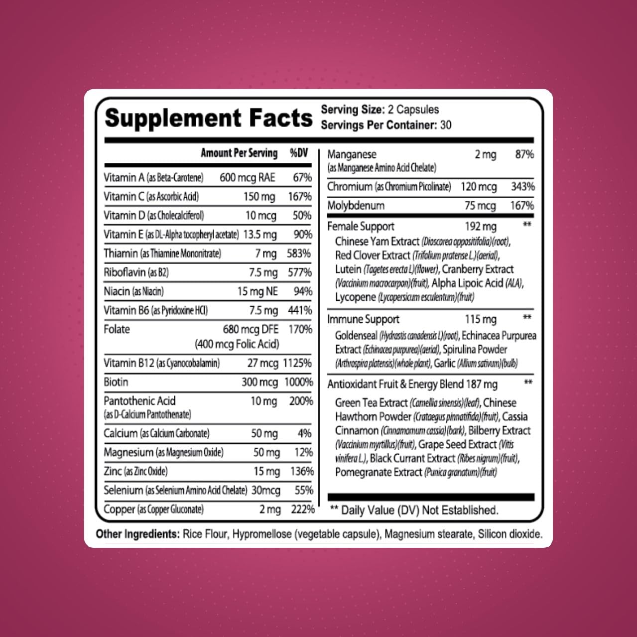 Detalles de ingredientes multivitamínicos mujeres