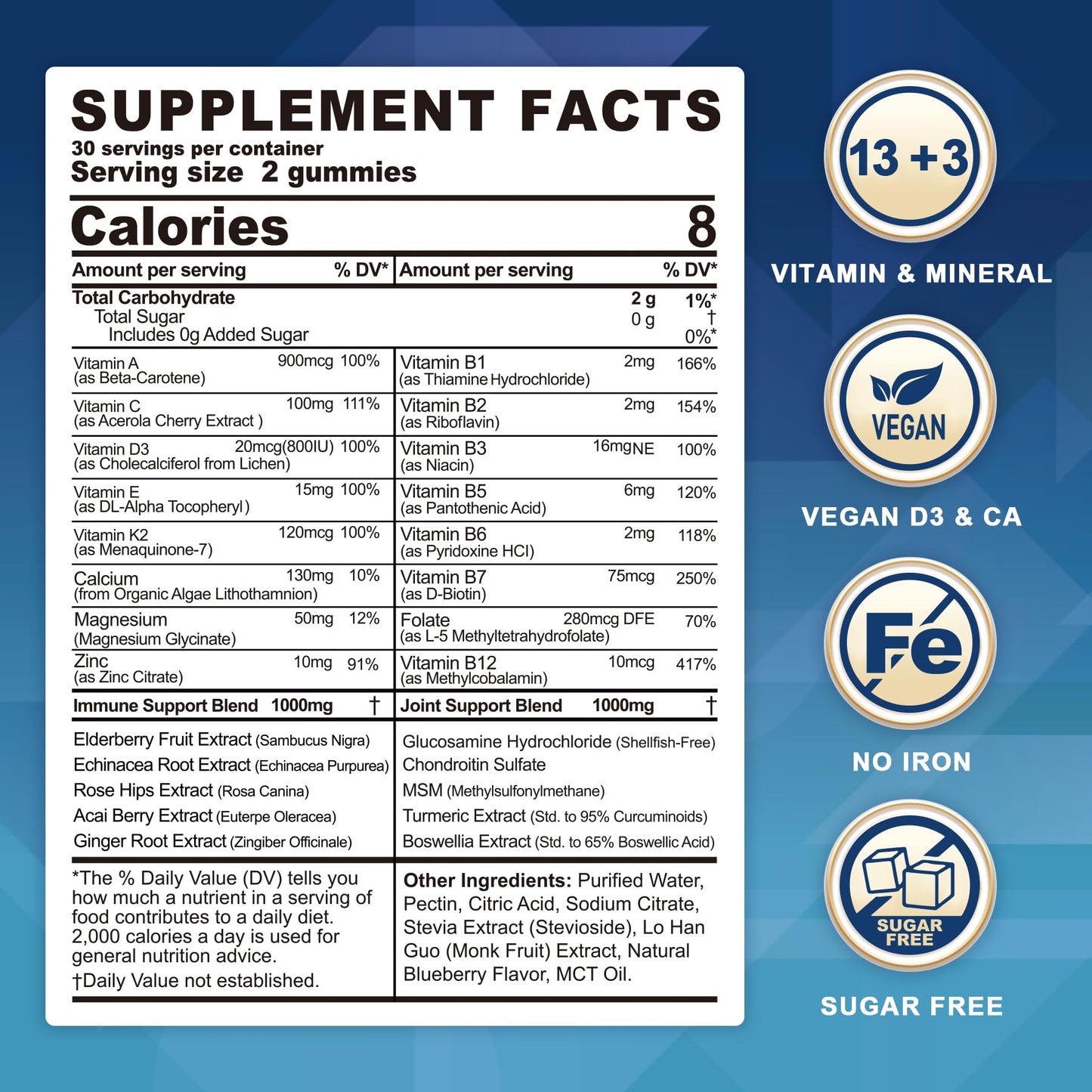 Detalles nutricionales gomitas multivitaminas sin azúcar