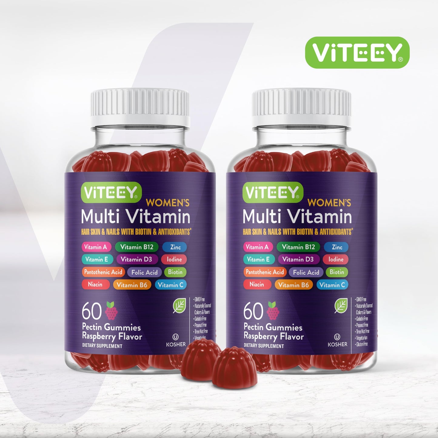 Detalles nutricionales de gomitas multivitamínicas Viteey