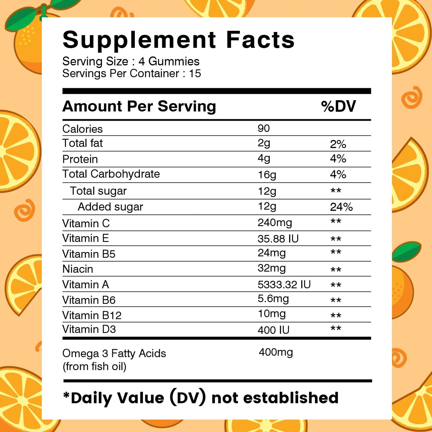 Detalles nutricionales de las gomitas multivitamínicas con Omega 3