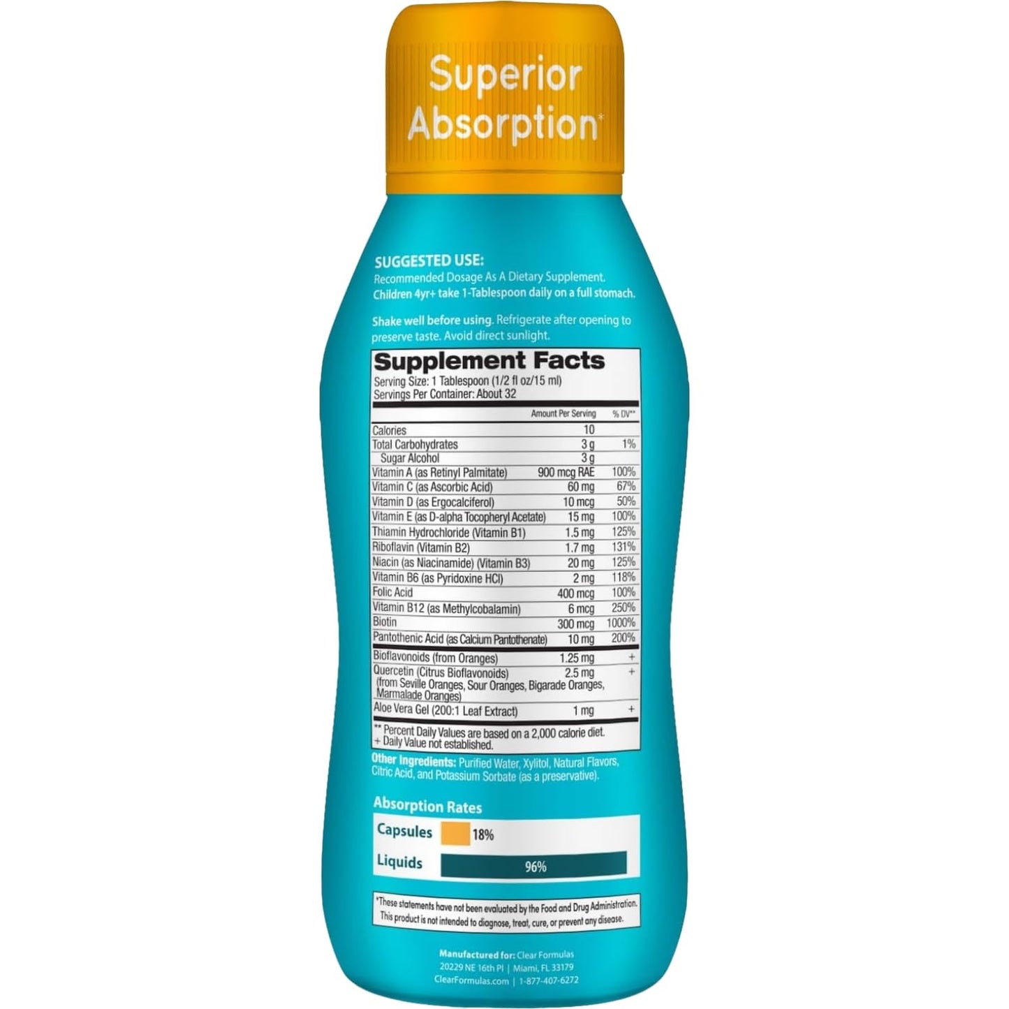 Detalles nutricionales de multivitaminas líquidas para niños