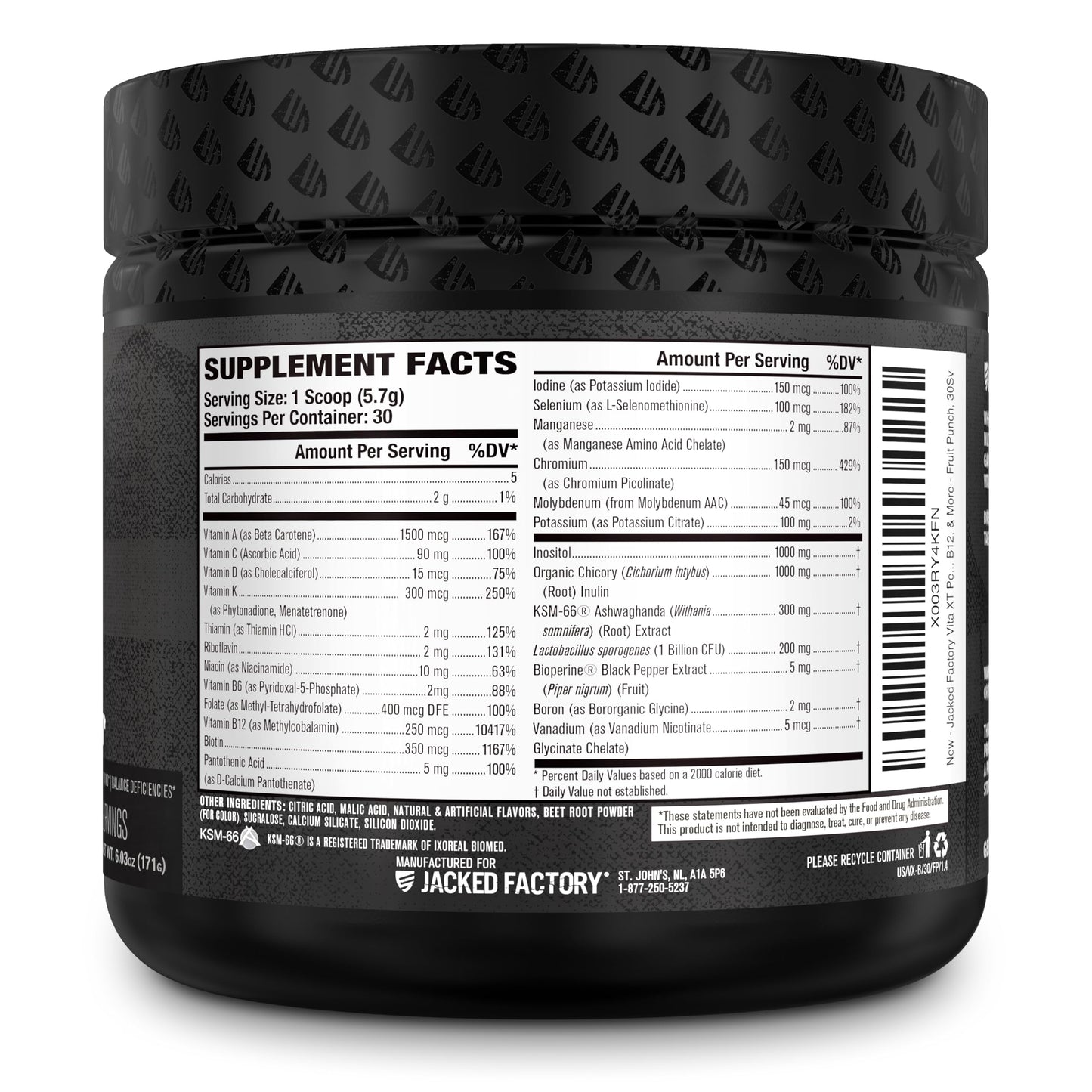 Detalles nutricionales del Vita XT Jacked Factory en polvo.