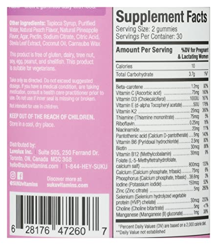 Detalles paquete gomitas Suku Vitamins prenatal
