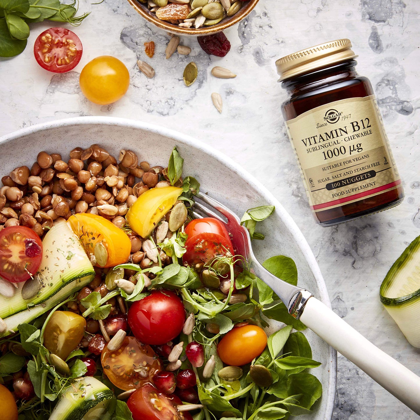 Embalaje Solgar vitamina b12 sin gluten y kosher