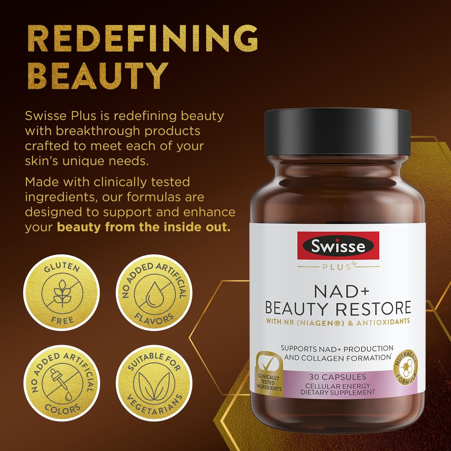 Embalaje Swisse Plus suplemento NAD+ con ingredientes patentados clínicos