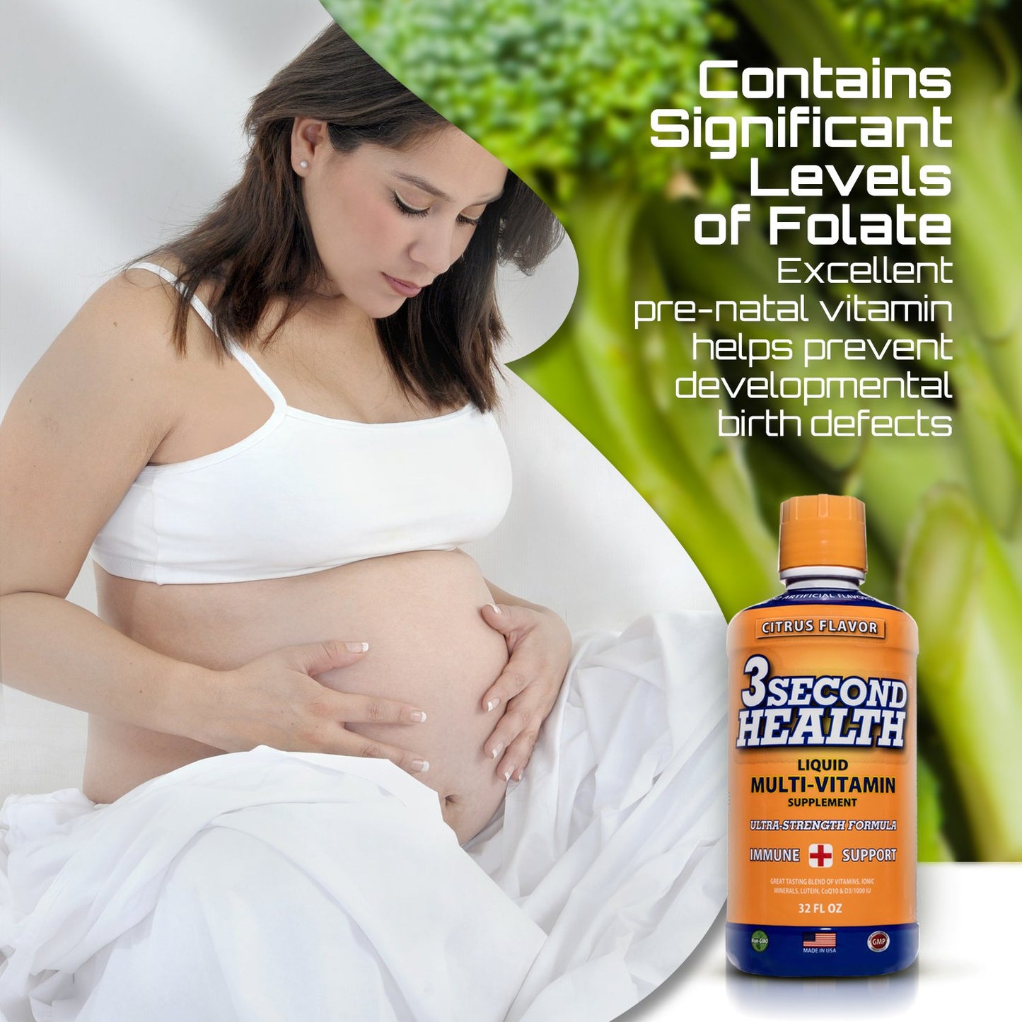 Embarazada con botella de 3 Second Health multivitamínico.