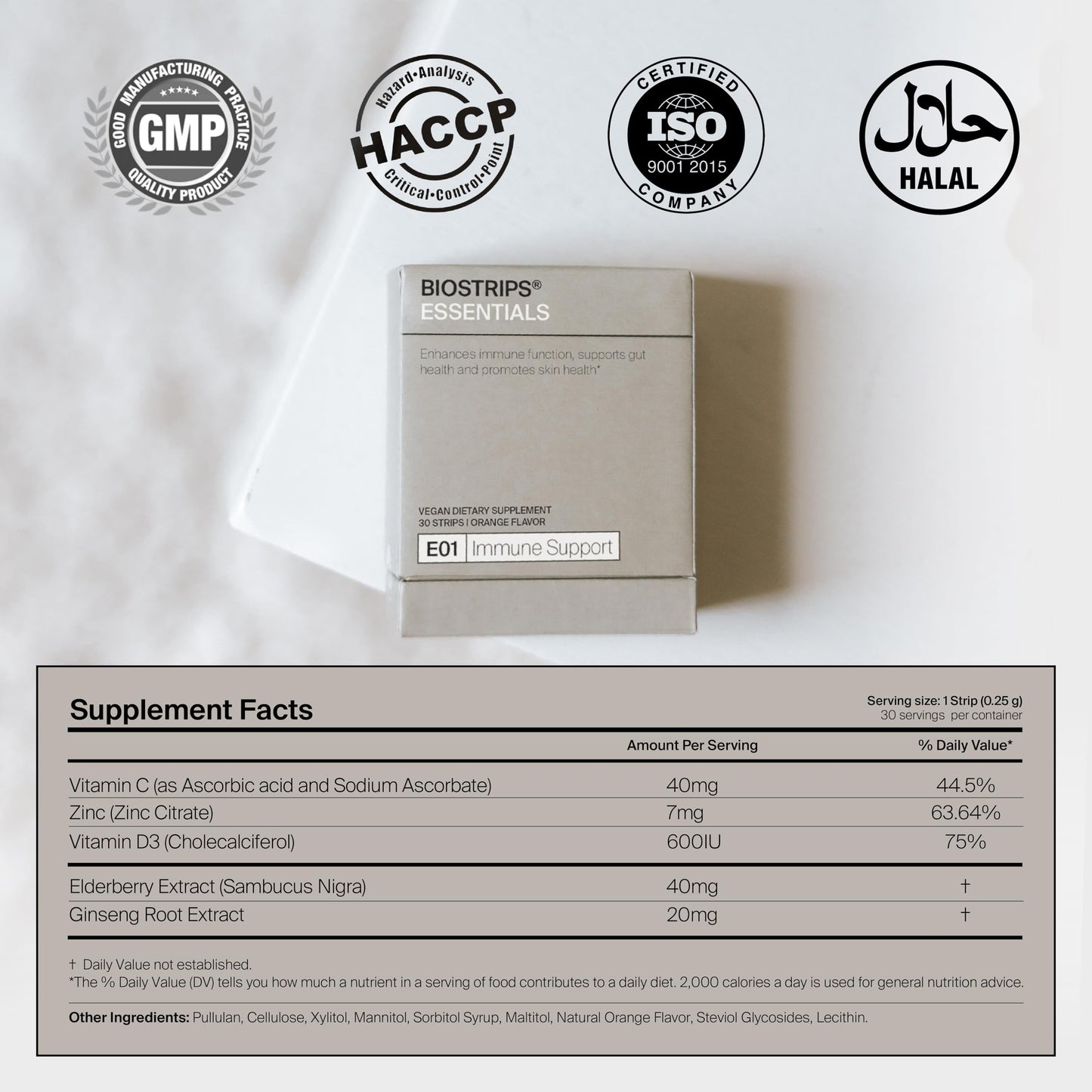 Empaque BIOSTRIPS 5 en 1 vitamina C D zinc saúco 30 tiras