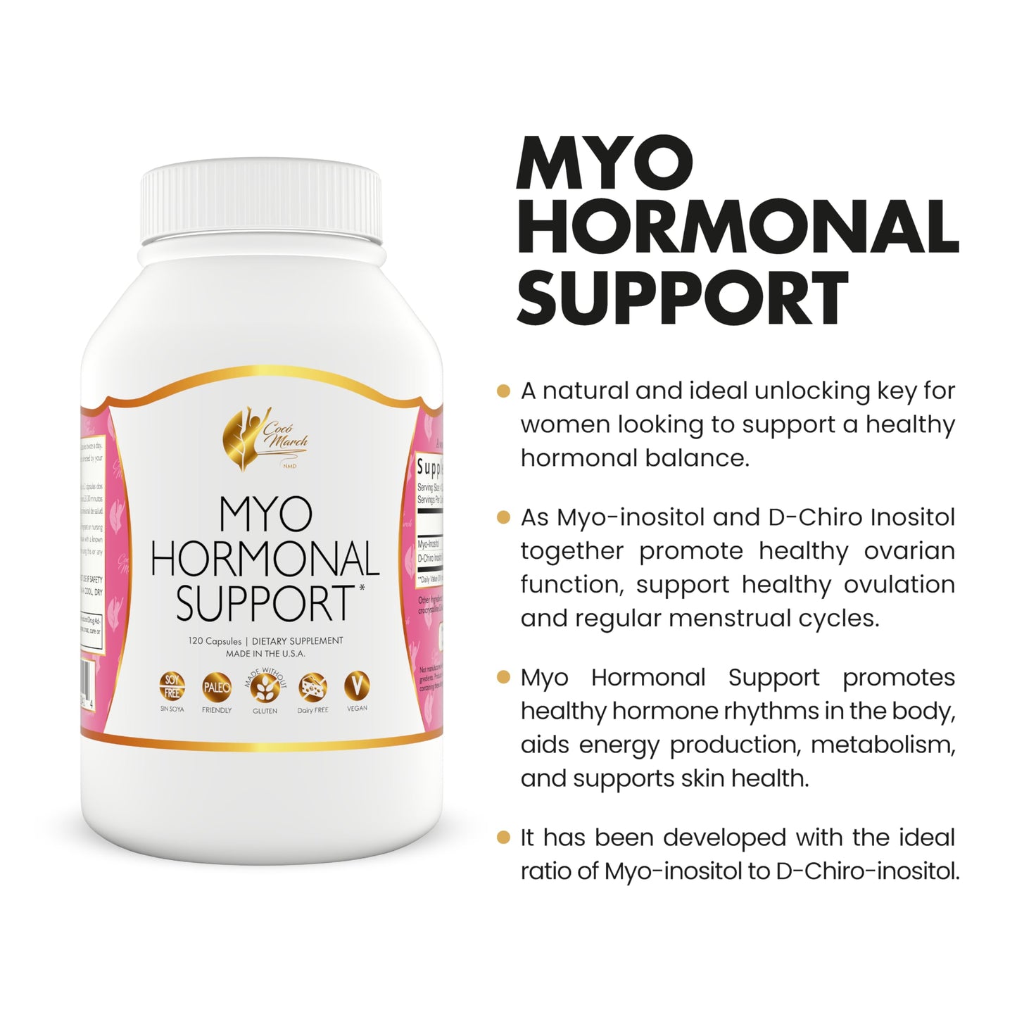 Empaque frontal del suplemento hormonal Coco March MYO