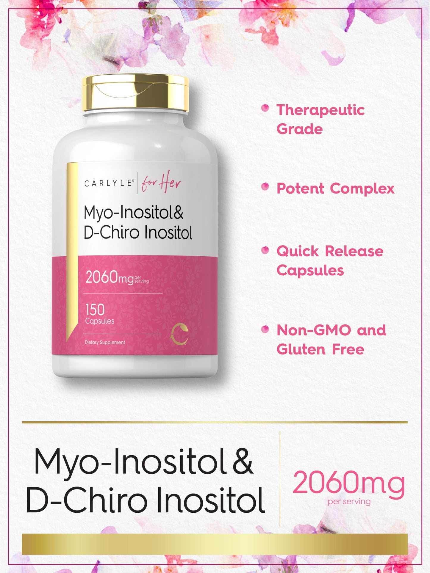 Empaque frontal Carlyle suplemento inositol 150 cápsulas