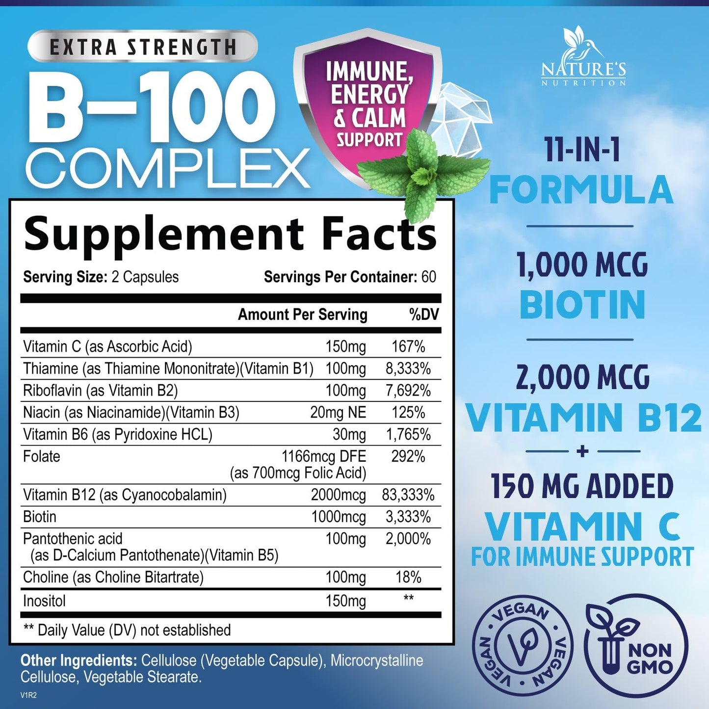 Empaque frontal complejo B Nature's Nutrition 120 cápsulas