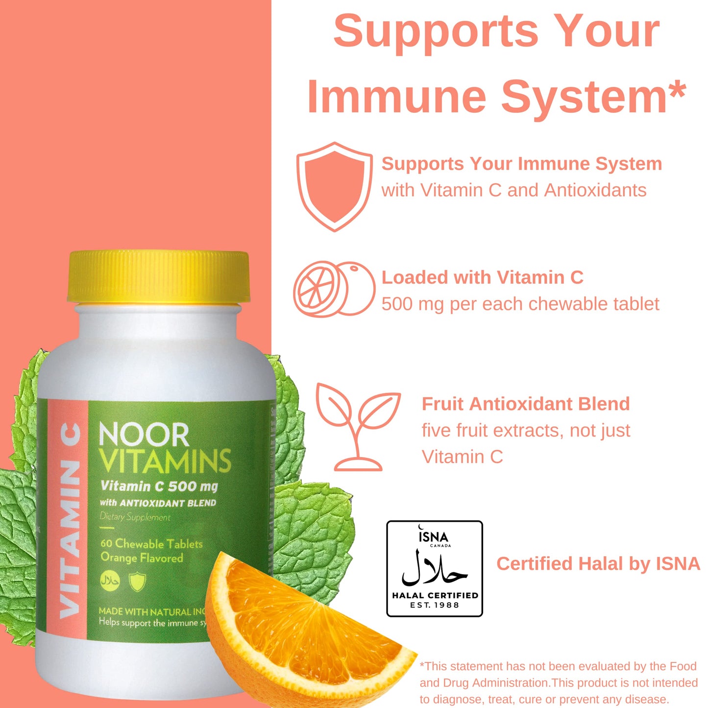 Empaque frontal tabletas vitamina c masticables halal