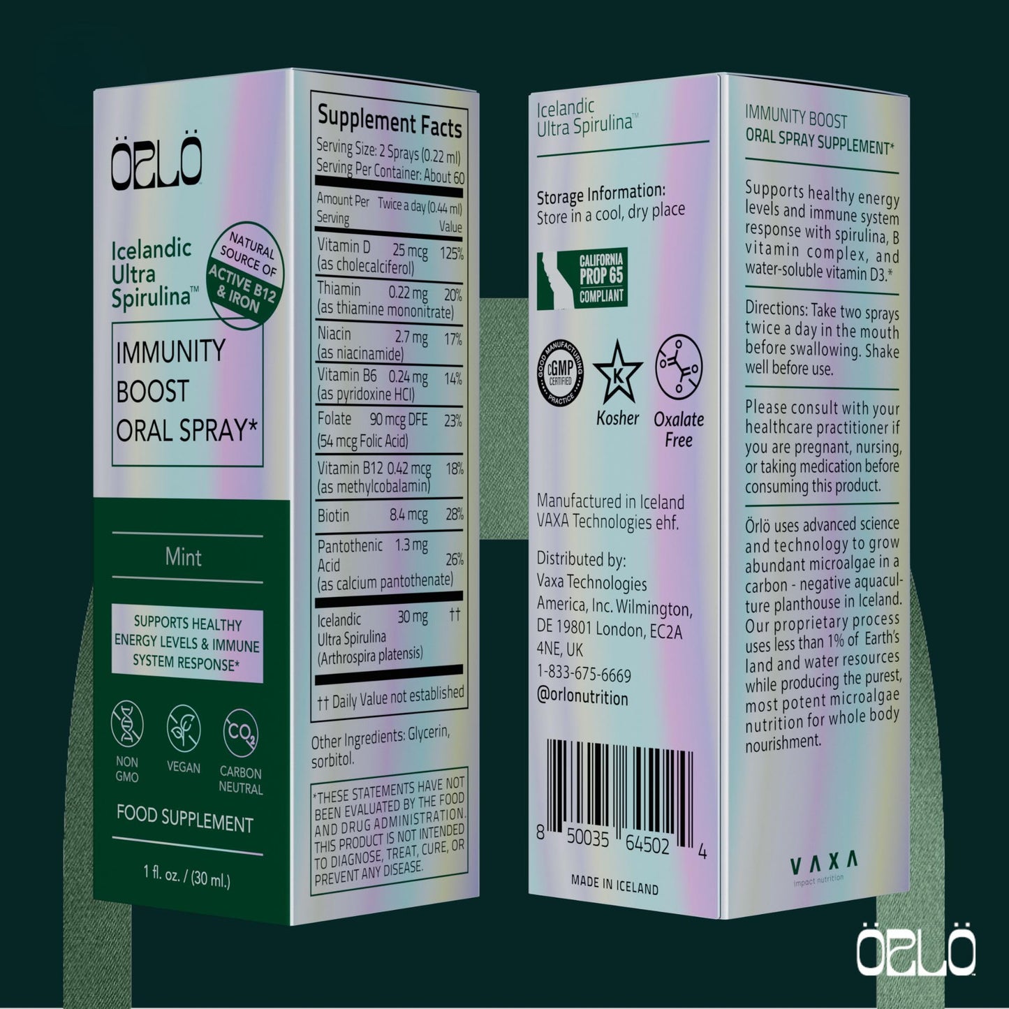 Empaque del innovador spray Orlo de vitaminas para adultos.