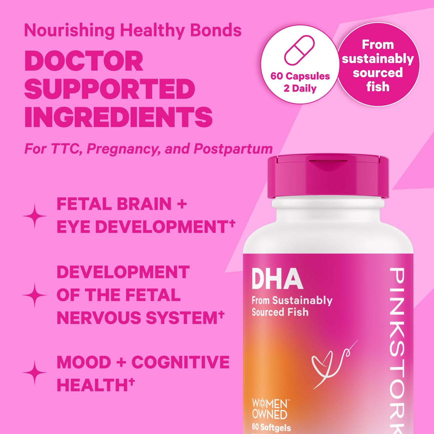 Empaque Pink Stork Premium Prenatal Duo para apoyo nutricional prenatal