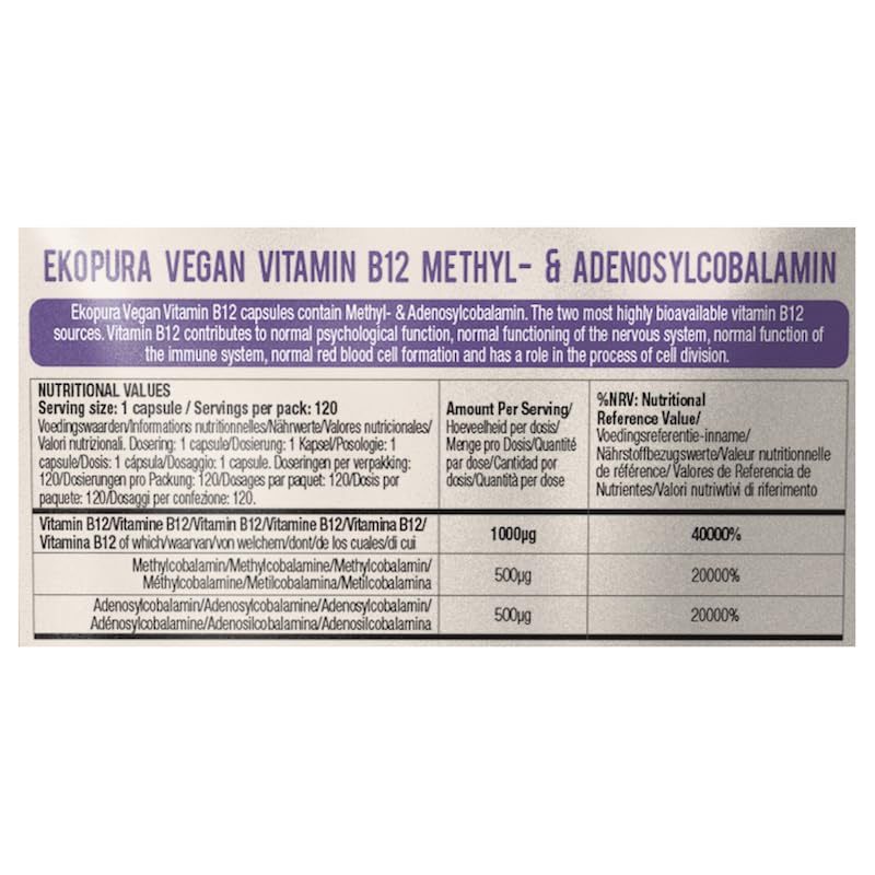 Empaque práctico vitamina b12 vegana Ekopura 120 cápsulas