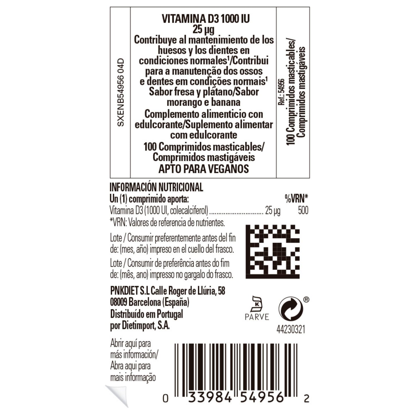 Empaque vitamina D3 masticable Solgar 100 tabletas