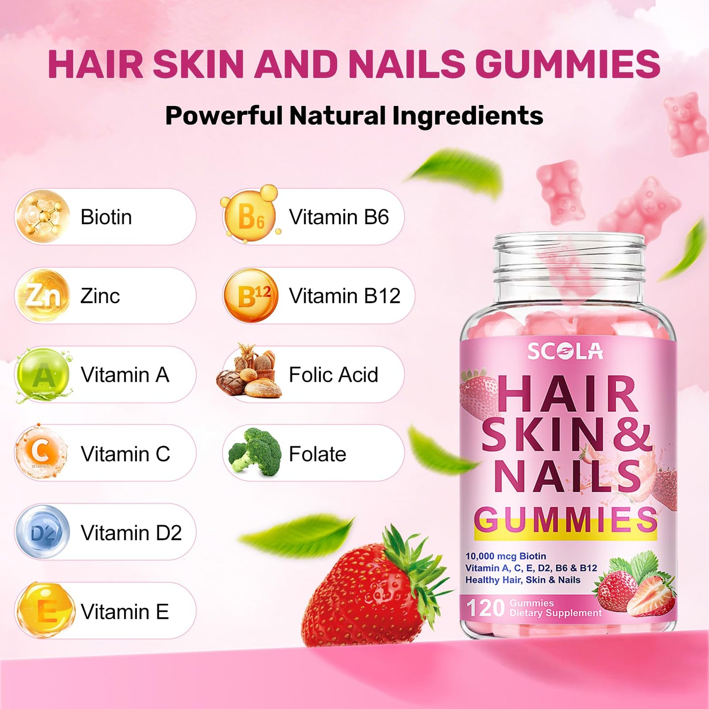 Envase 120 unidades gomitas SCOLA para cabello y uñas