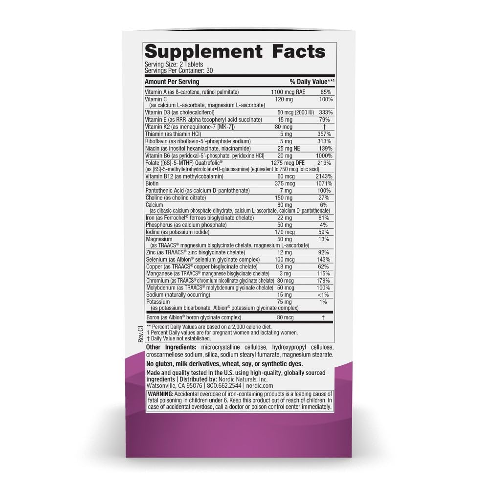 Envase de 60 tabletas de multivitamínico Nordic Naturals prenatal