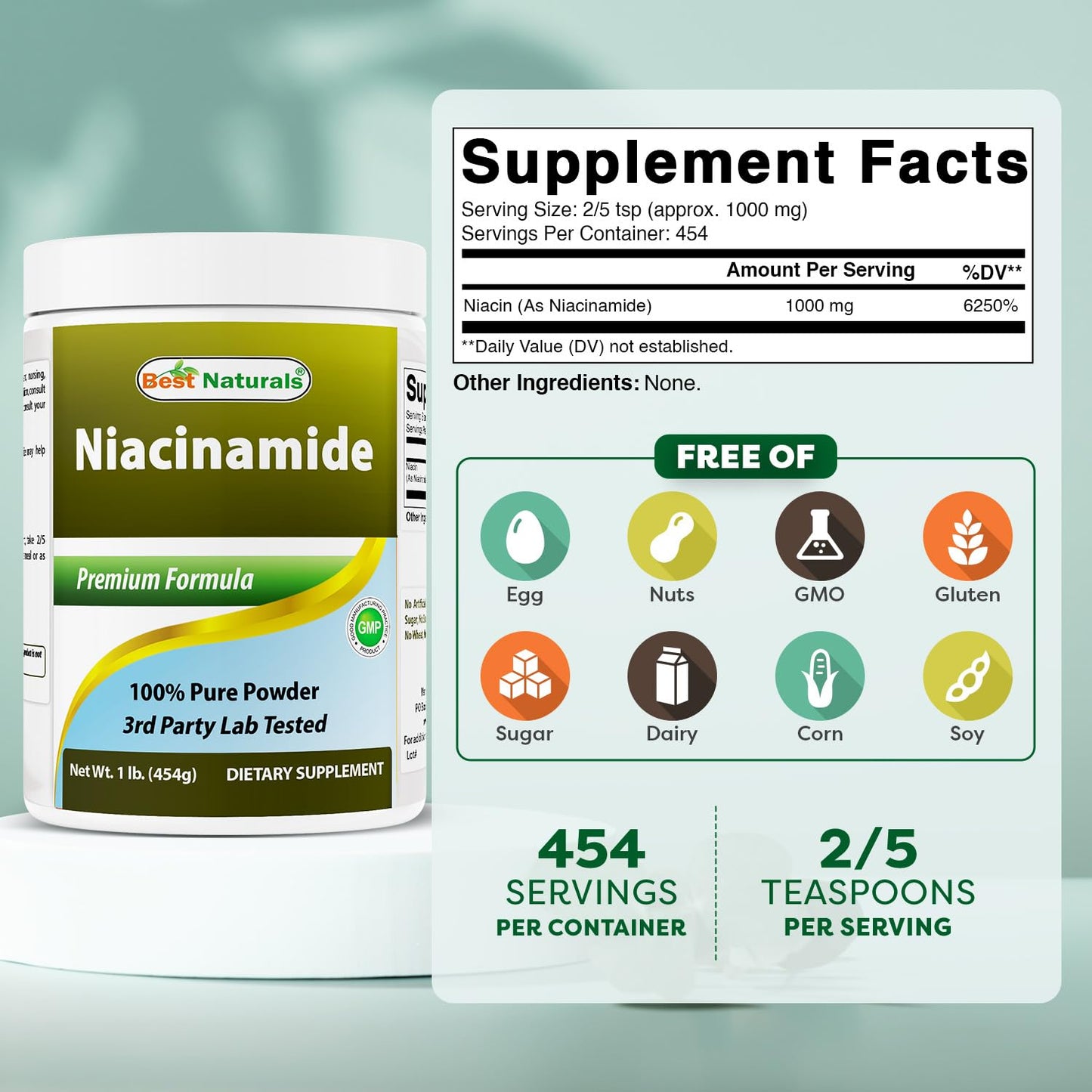 Envase Best Naturals niacinamida vitamina B3 polvo
