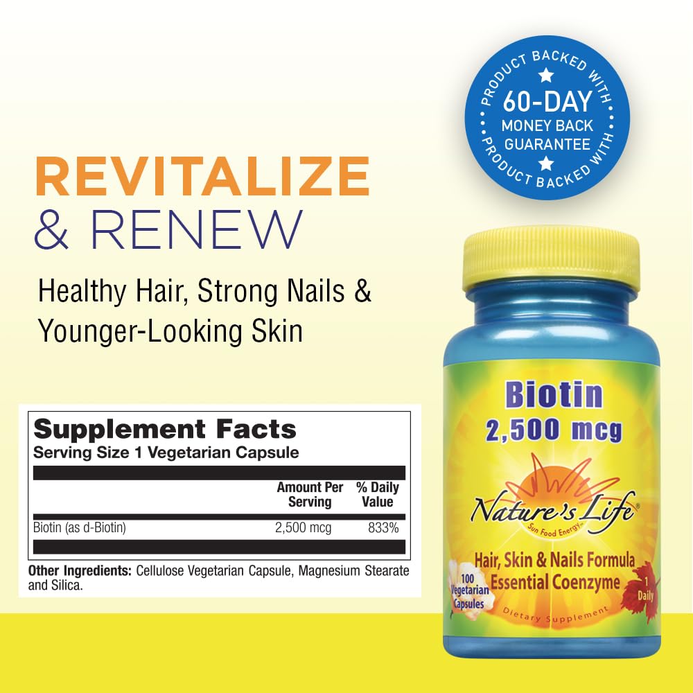 Envase de Biotina 2500mcg Nature's Life para cabello y piel
