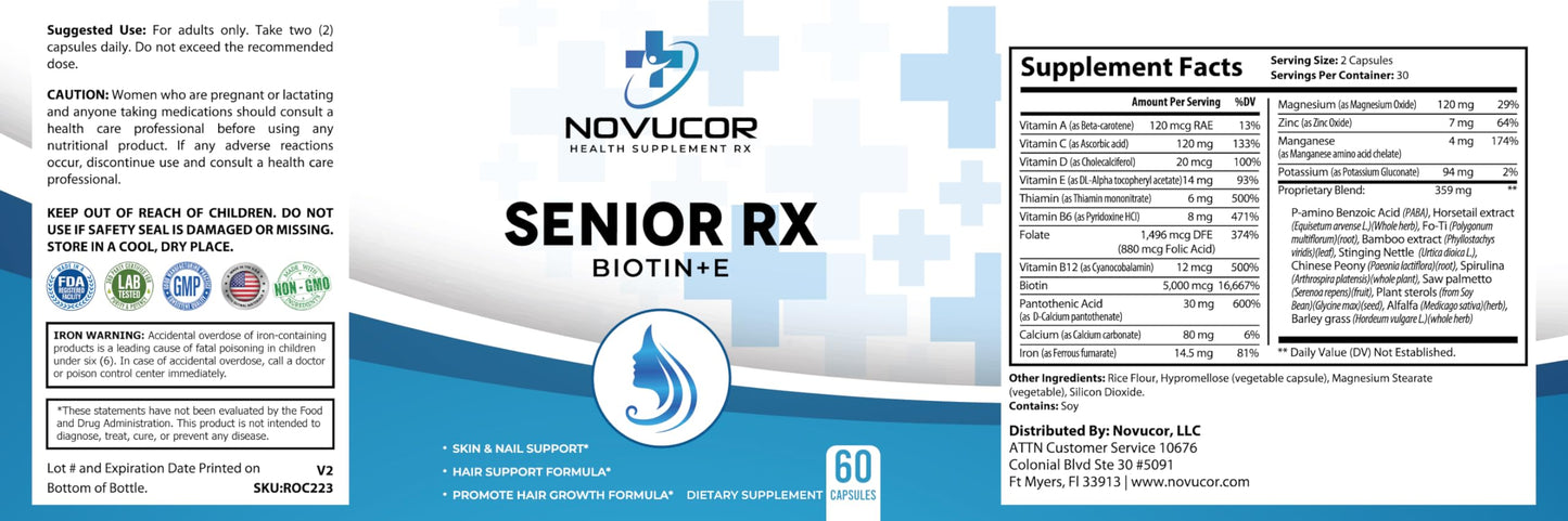 Envase y caja del suplemento metabólico Biotina + E Novucor