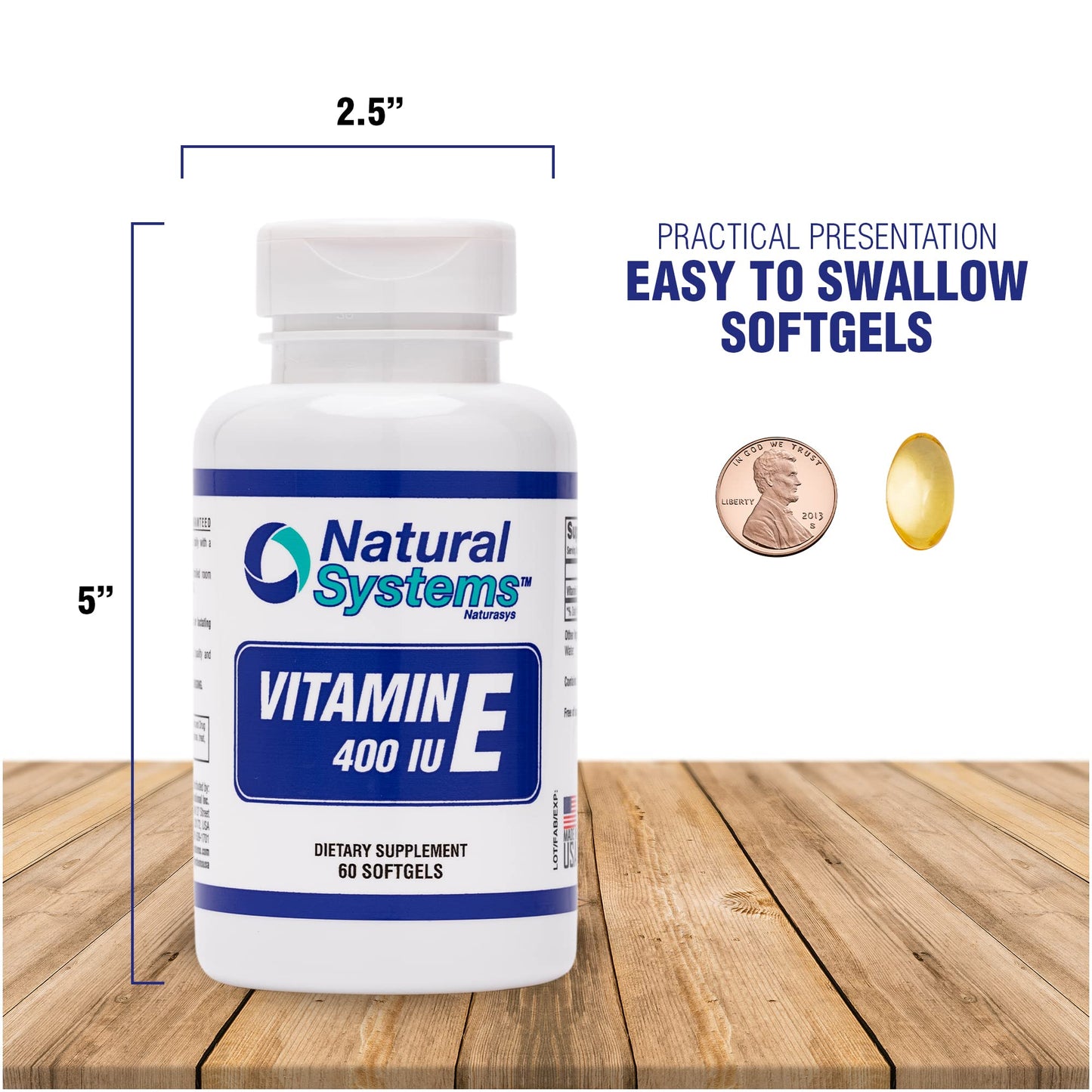 Envase y cápsulas de vitamina E Natural Systems 400 IU