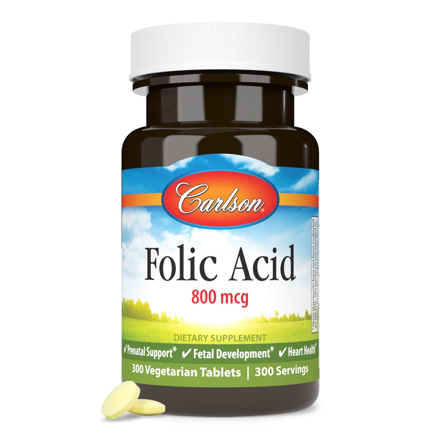 Envase Carlson 300 tabletas ácido fólico 800 mcg prenatal