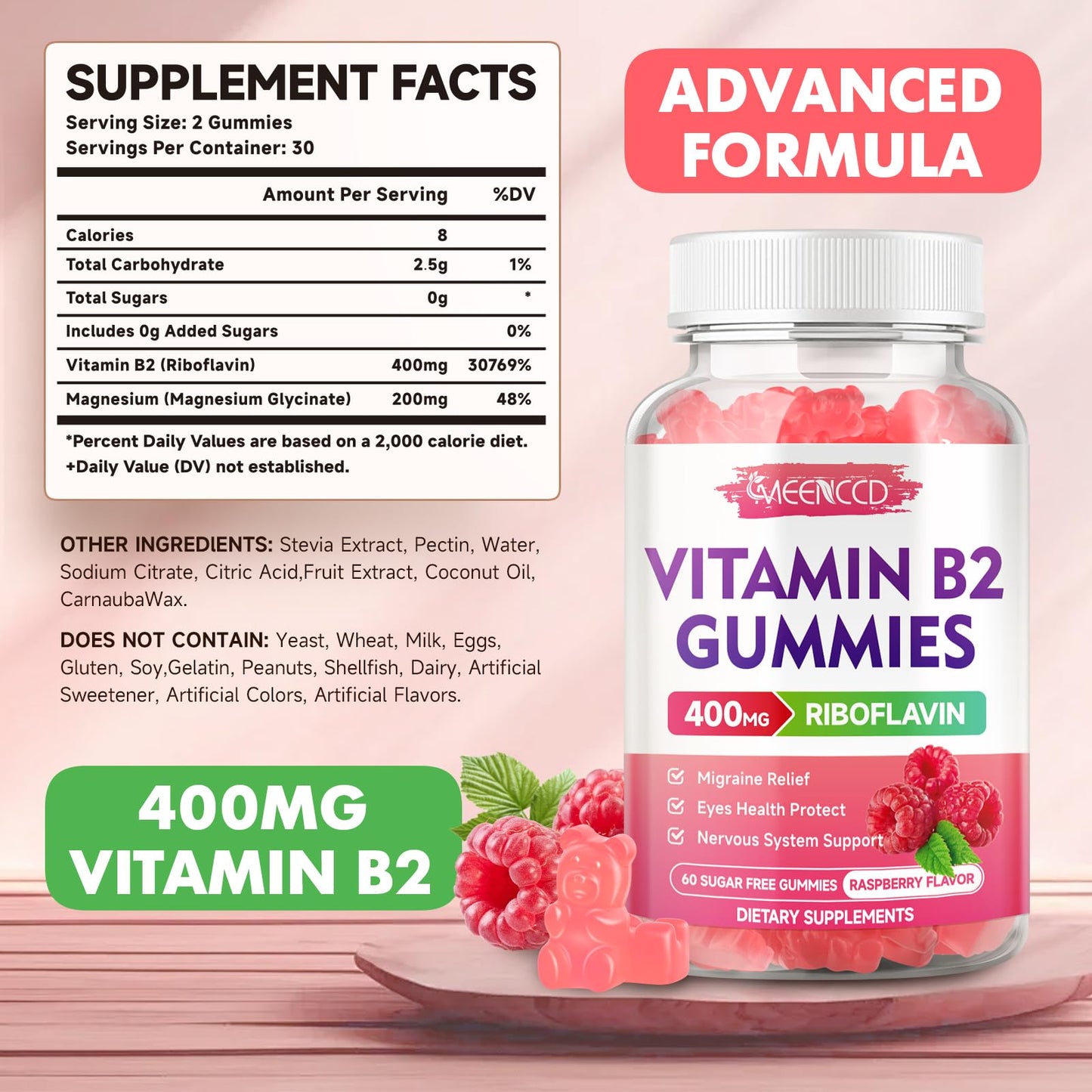 envase frontal gomitas b2 MEENCCD 400 mg sabor frambuesa