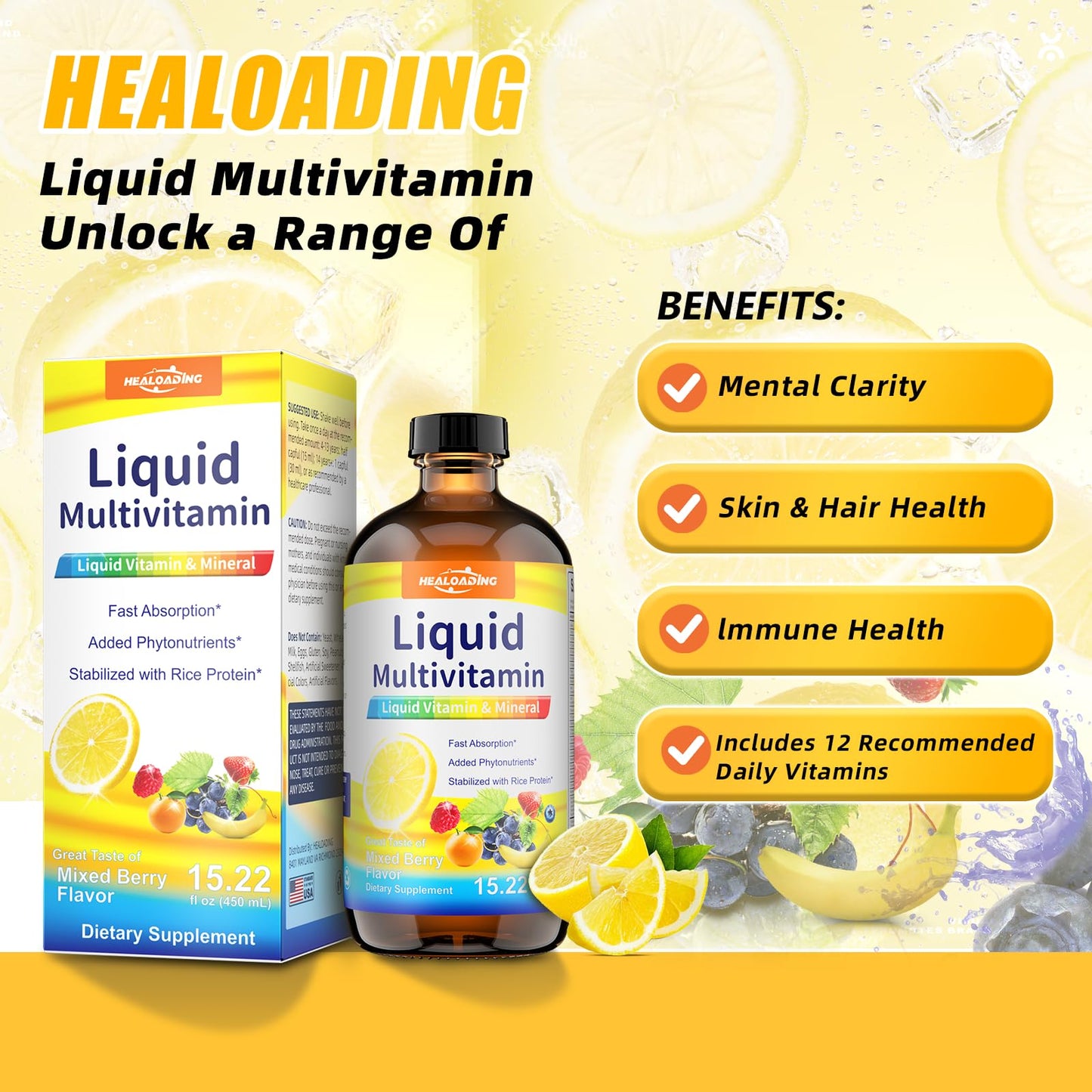Envase frontal HEALOADING multivitamínico nutritivo líquido