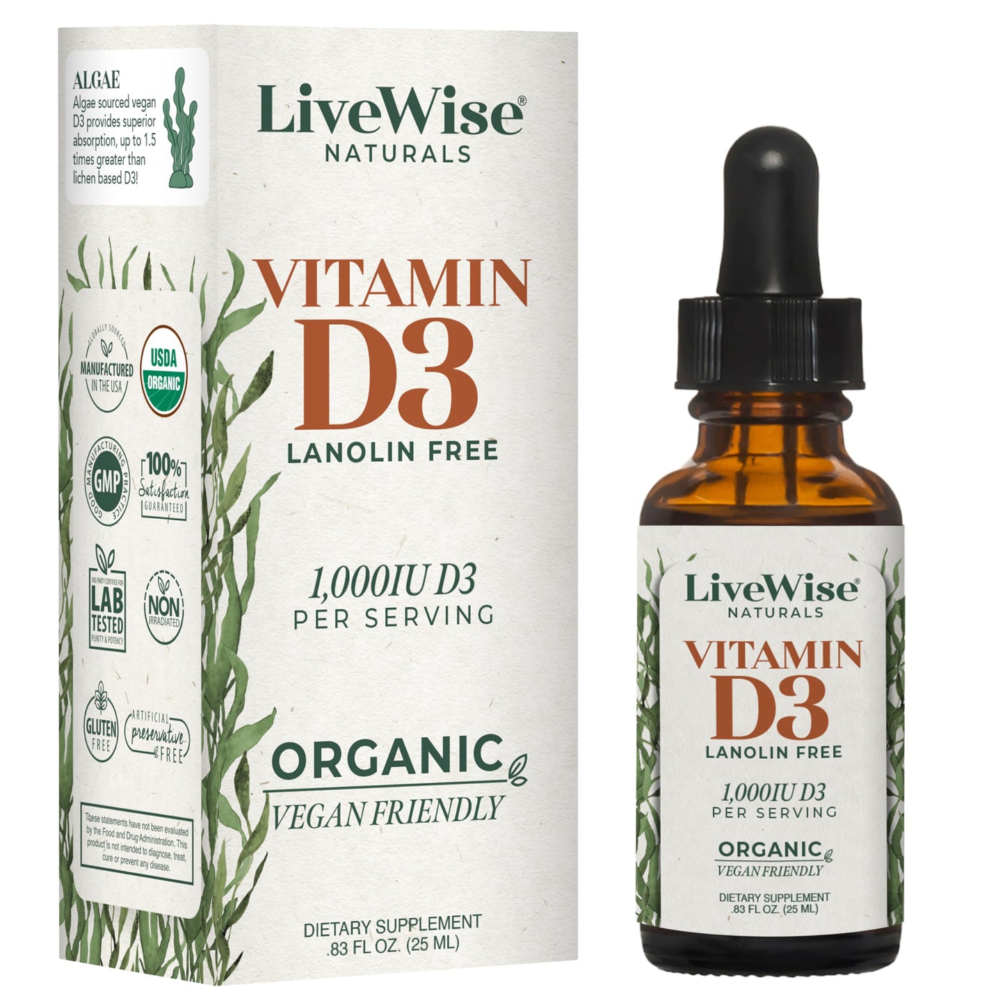 Envase frontal vitamina D3 líquida para veganos