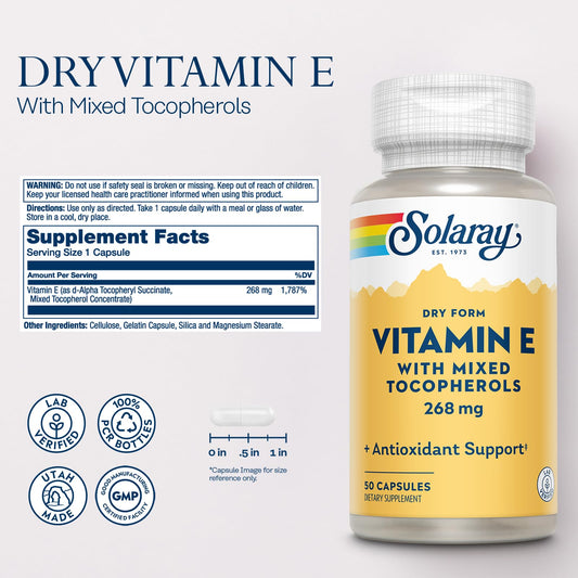 Envase frontal vitamina e solaray 50 cápsulas antioxidante