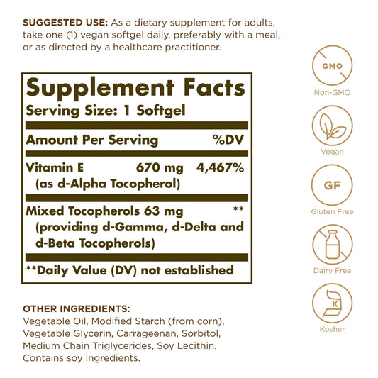 Envase frontal vitamina e solgar 100 cápsulas veganas