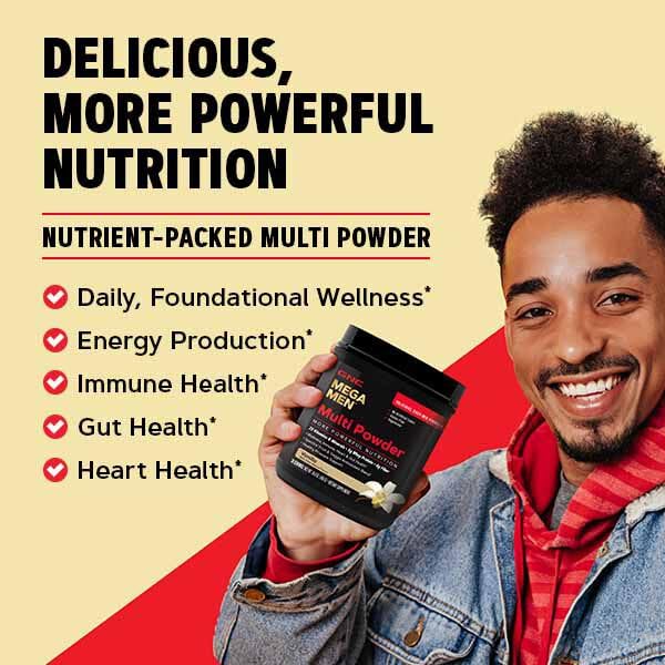 Envase GNC Mega Men multi polvo chocolate con cuchara