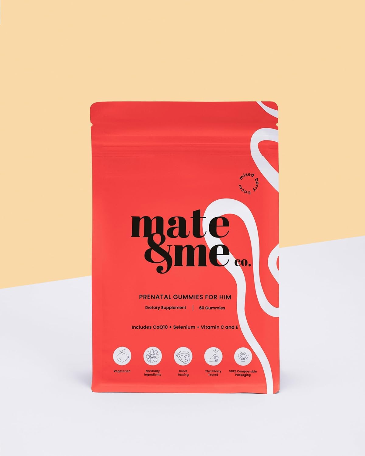 Envase de gominolas Mate & Me para salud masculina y cardiovascular