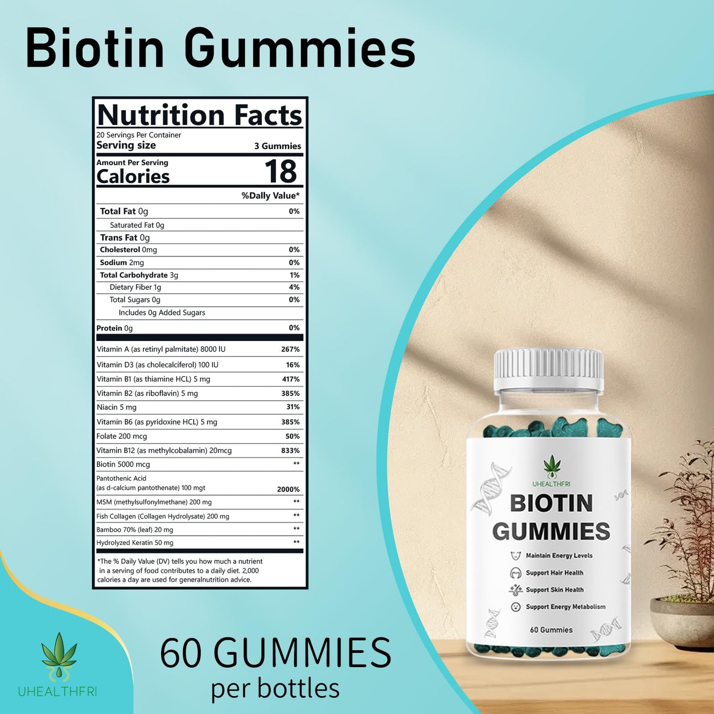 Envase gomitas biotina Uhealthfri para cabello y uñas