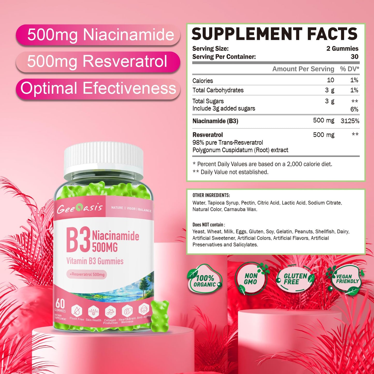 Envase gomitas Geeoasis niacinamida y resveratrol sabor manzana