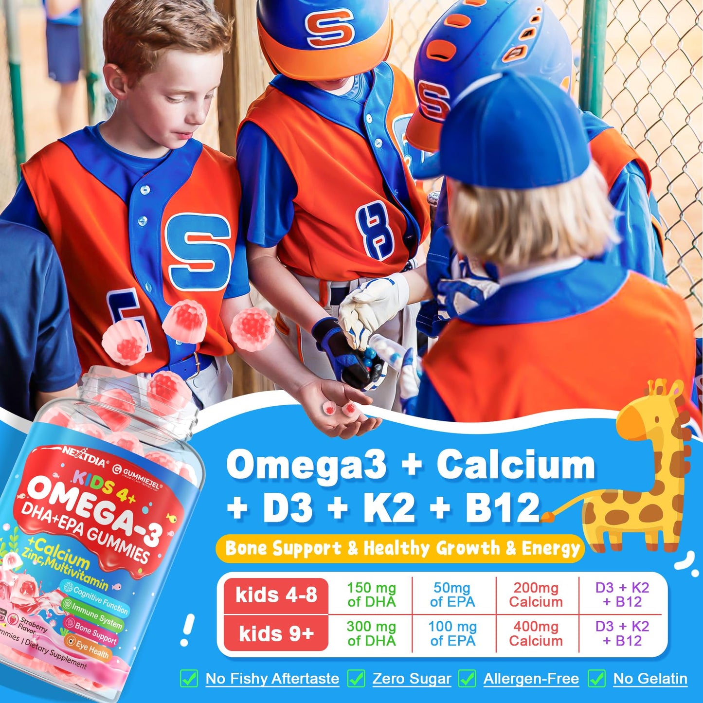 Envase frontal gomitas omega 3 e inositol para niños