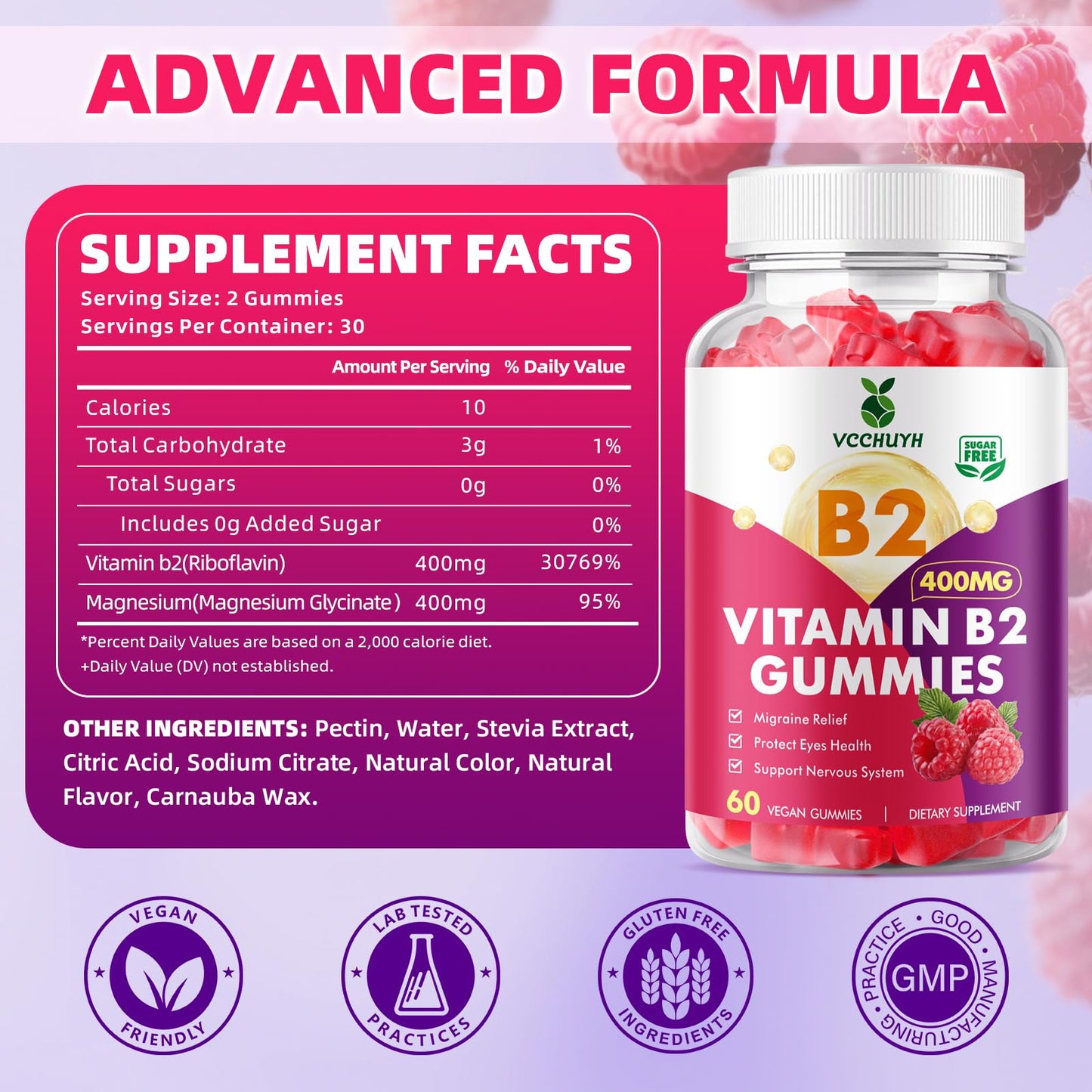 Envase gomitas VCCHUYH vitamina B2 60 unidades