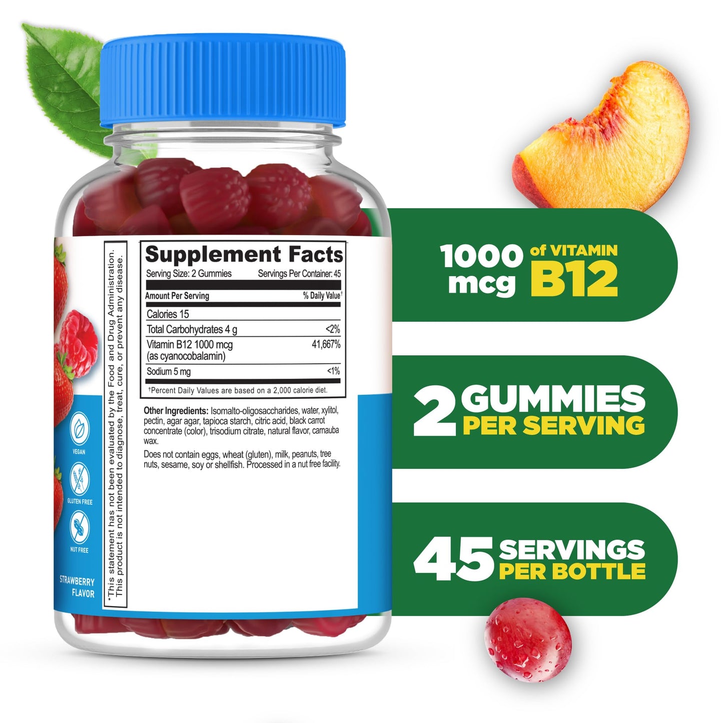 Envase de gomitas con vitamina b12 sabor fresa sin azúcar