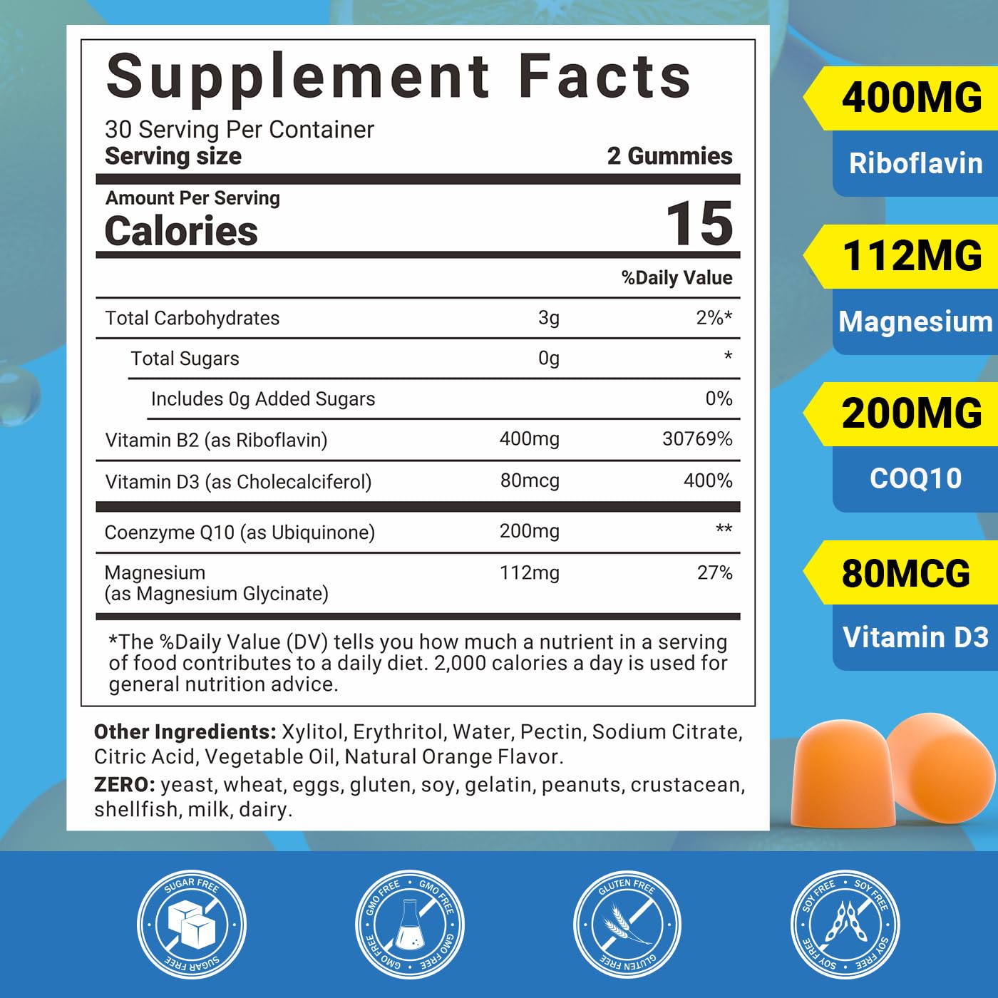 Envase de gomitas de vitamina B2 veganas para soporte energético