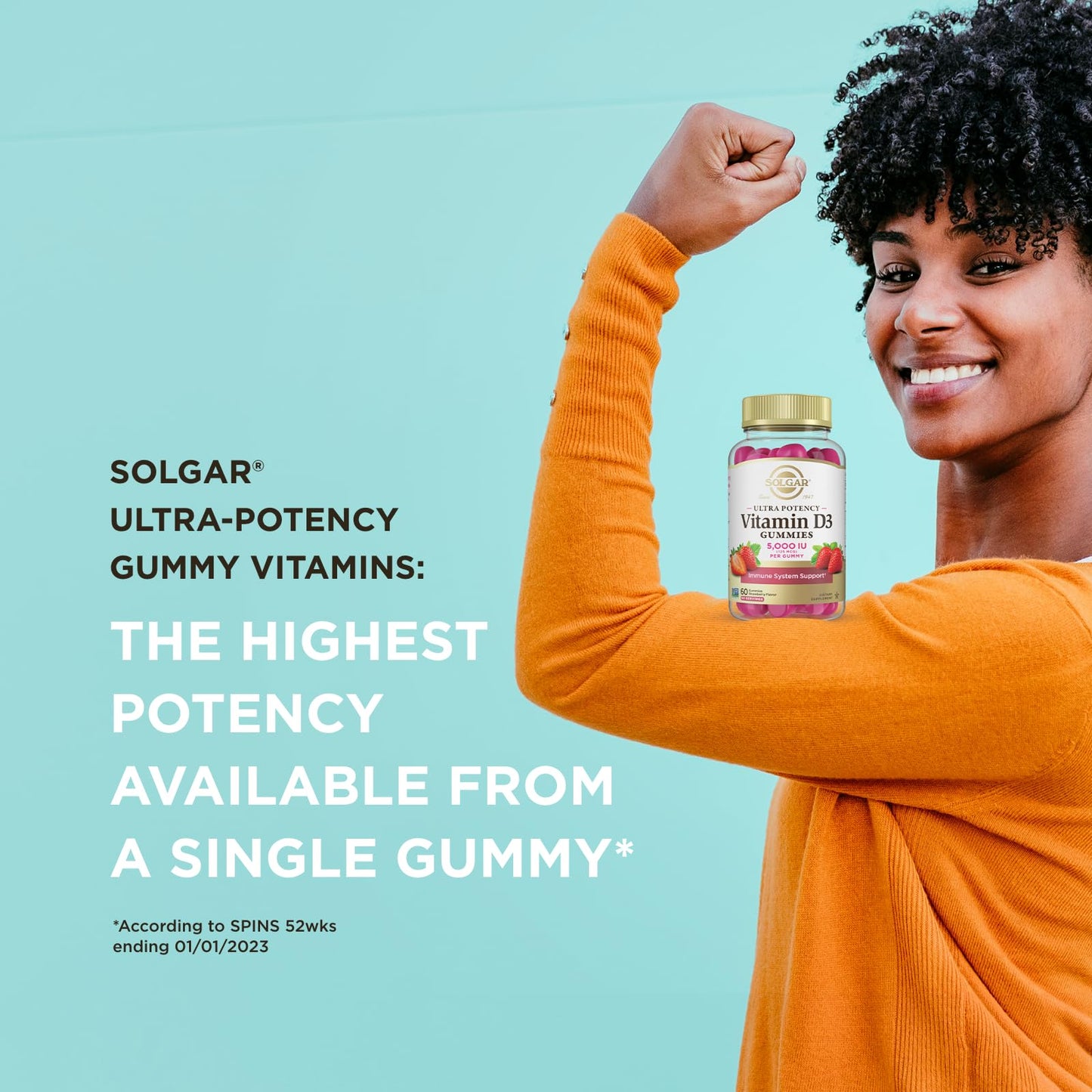 Envase gomitas vitamina d3 solgar con etiqueta roja y blanca